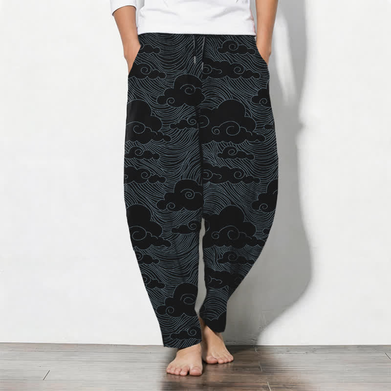 Buddha Stones Pantalon fuselé pour homme en pur coton, motif vagues et nuages ​​japonais, cordon de serrage et poches - Noir - US/UK/AU50，EU60 (5XL) - image 0
