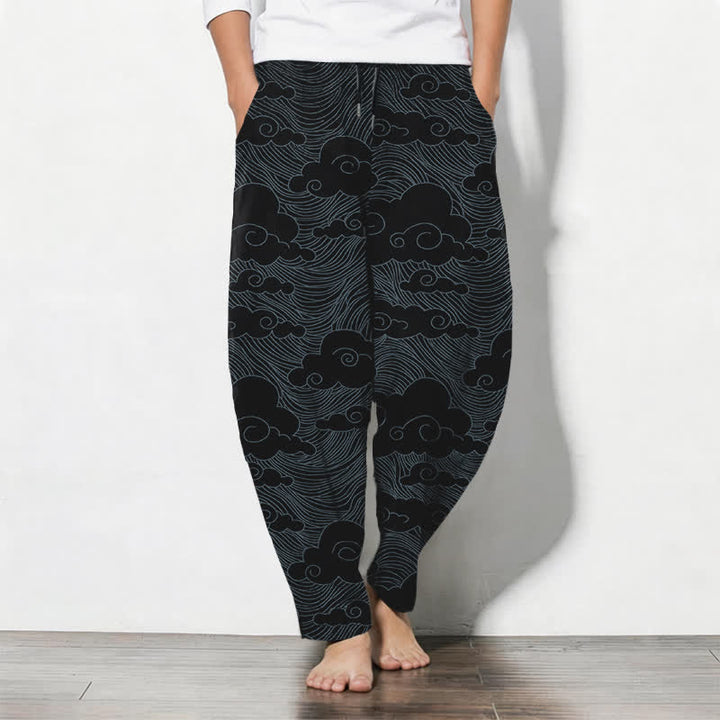 Buddha Stones Pantalon fuselé pour homme en pur coton, motif vagues et nuages ​​japonais, cordon de serrage et poches - Noir - US/UK/AU50，EU60 (5XL) - image 0