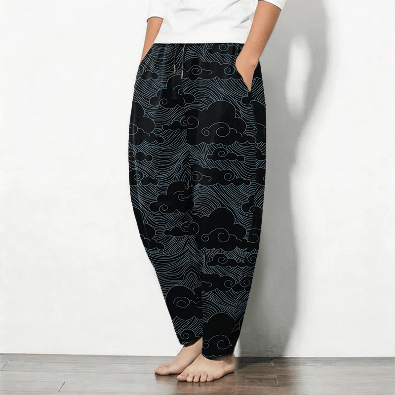 Buddha Stones Pantalon fuselé pour homme en pur coton, motif vagues et nuages ​​japonais, cordon de serrage et poches - image 1