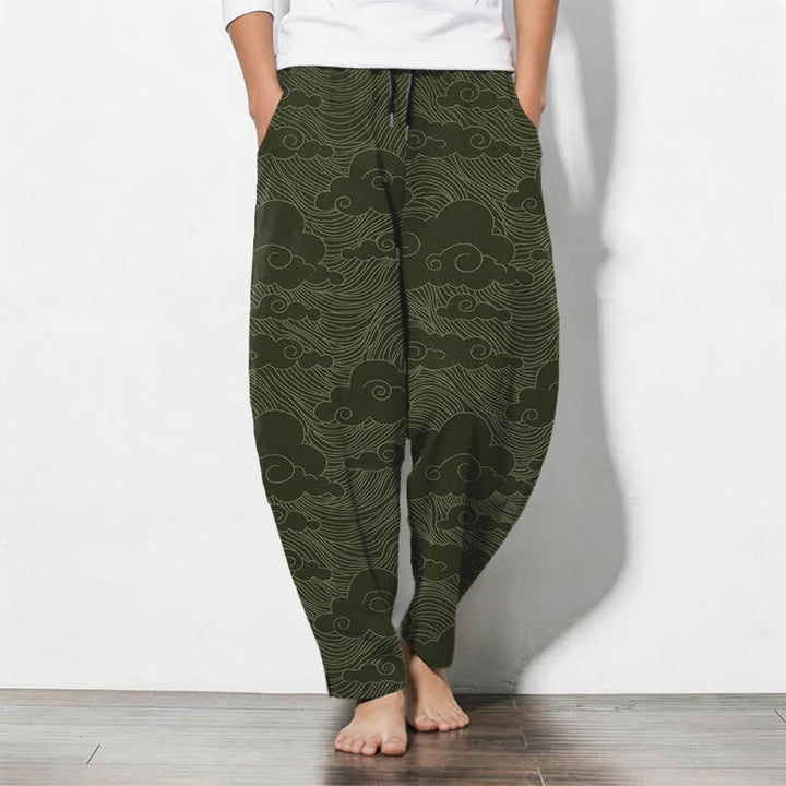 Buddha Stones Pantalon fuselé pour homme en pur coton, motif vagues et nuages ​​japonais, cordon de serrage et poches - Vert olive foncé - US/UK/AU50，EU60 (5XL) - image 7