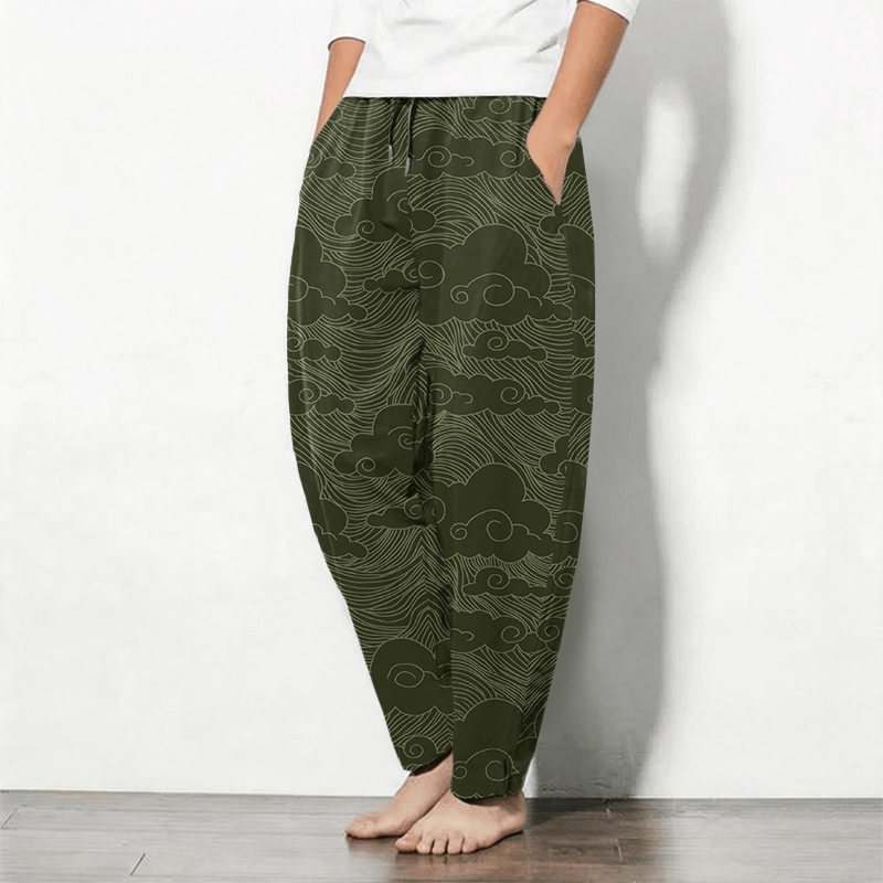Buddha Stones Pantalon fuselé pour homme en pur coton, motif vagues et nuages ​​japonais, cordon de serrage et poches - image 8