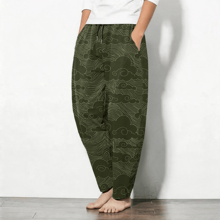 Buddha Stones Pantalon fuselé pour homme en pur coton, motif vagues et nuages ​​japonais, cordon de serrage et poches - image 8