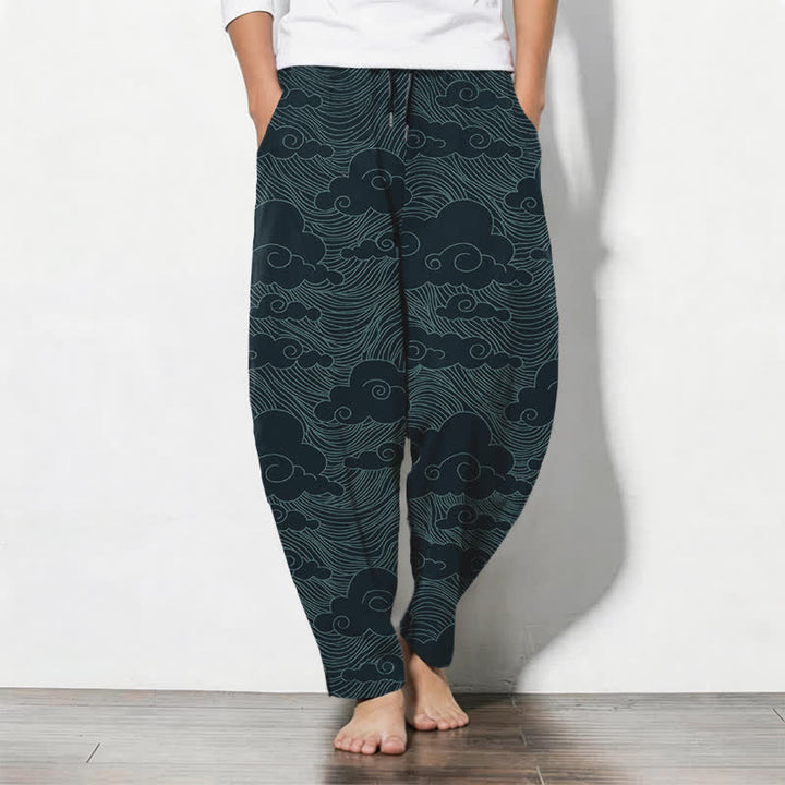 Buddha Stones Pantalon fuselé pour homme en pur coton, motif vagues et nuages ​​japonais, cordon de serrage et poches - Sarcelle - US/UK/AU50，EU60 (5XL) - image 11