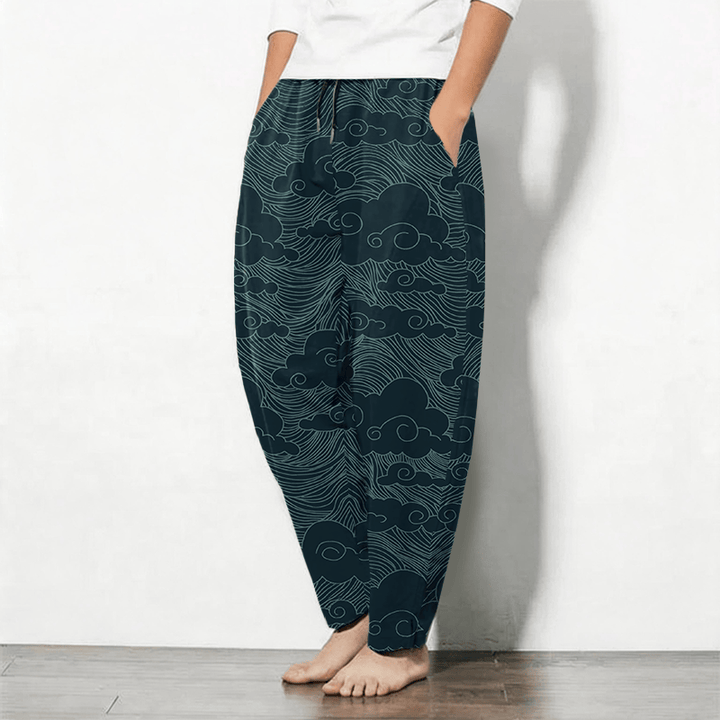 Buddha Stones Pantalon fuselé pour homme en pur coton, motif vagues et nuages ​​japonais, cordon de serrage et poches - image 12
