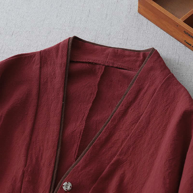 Buddha Stones Kimono femme uni style Tang vintage printemps automne, à nœud et boutons, col en V - image 2