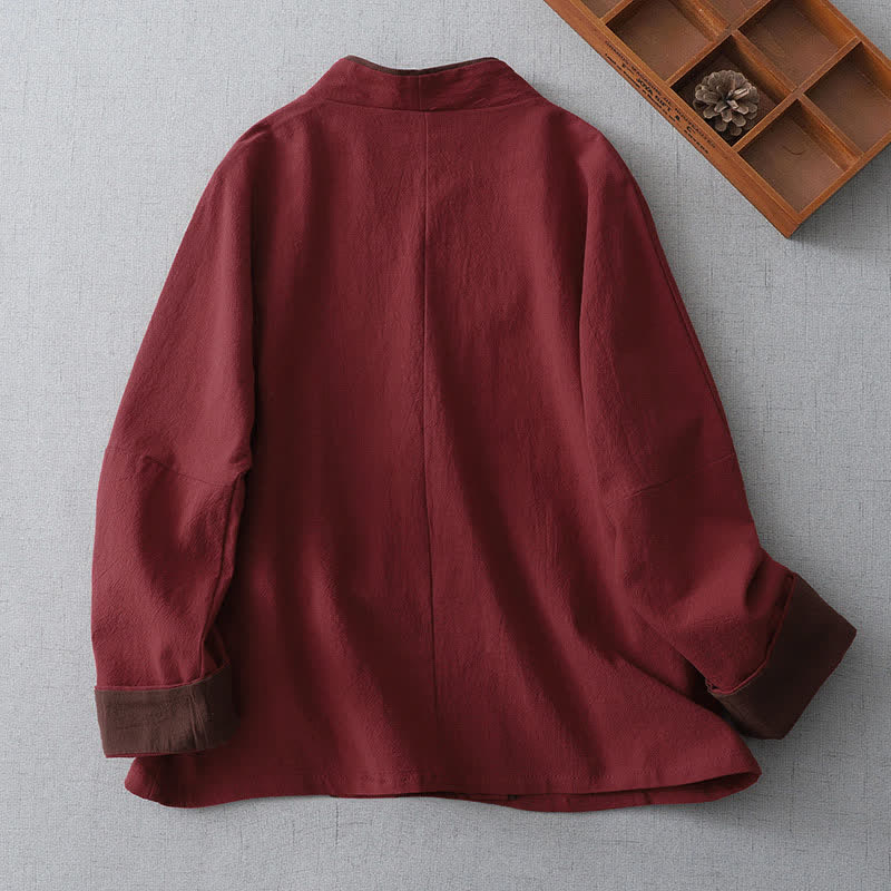 Buddha Stones Kimono femme uni style Tang vintage printemps automne, à nœud et boutons, col en V - image 1