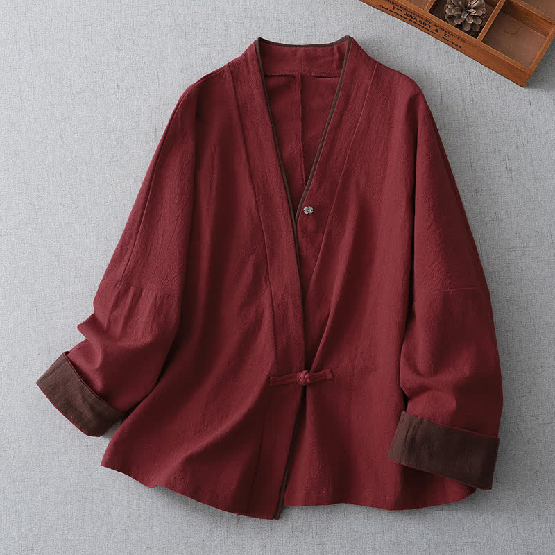 Buddha Stones Kimono femme uni style Tang vintage printemps automne, à nœud et boutons, col en V - FireBrick - US8-10, UK/AU12-14, EU40-42 (2XL) - image 0