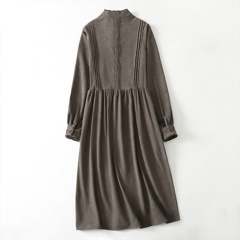 Buddha Stones Robe longue à manches longues pour femme, style Tang vintage, boutonnée, plissée et unie, avec poche, idéale pour le printemps et l'automne. - image 1