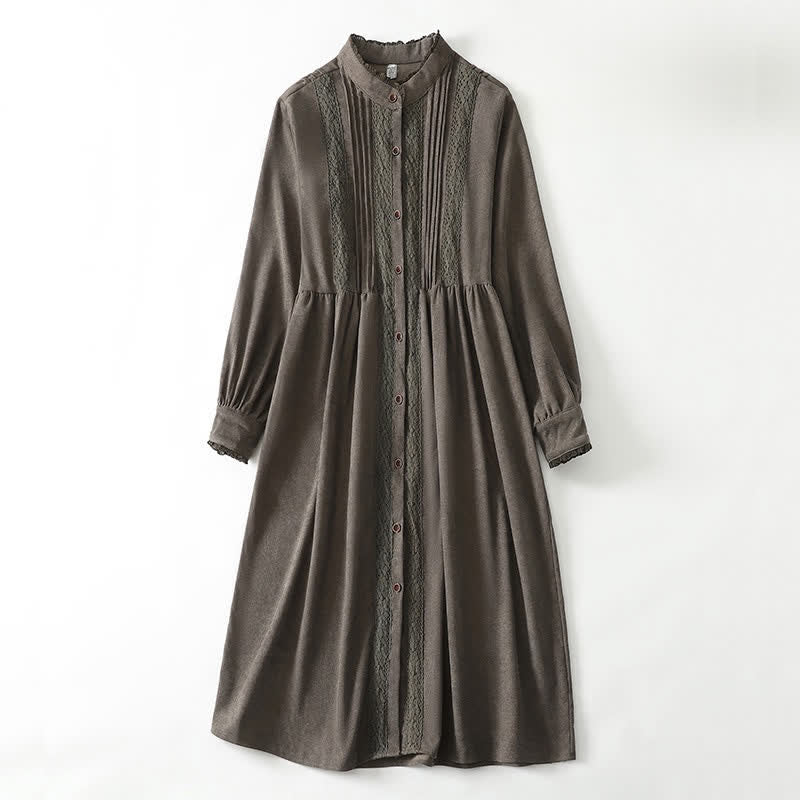 Buddha Stones Robe longue à manches longues pour femme, style Tang vintage, boutonnée, plissée et unie, avec poche, idéale pour le printemps et l'automne. - Olive - US14, UK/AU18, EU46 (2XL) - image 0