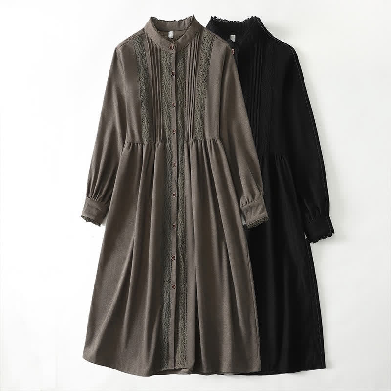 Buddha Stones Robe longue à manches longues pour femme, style Tang vintage, boutonnée, plissée et unie, avec poche, idéale pour le printemps et l'automne. - image 23