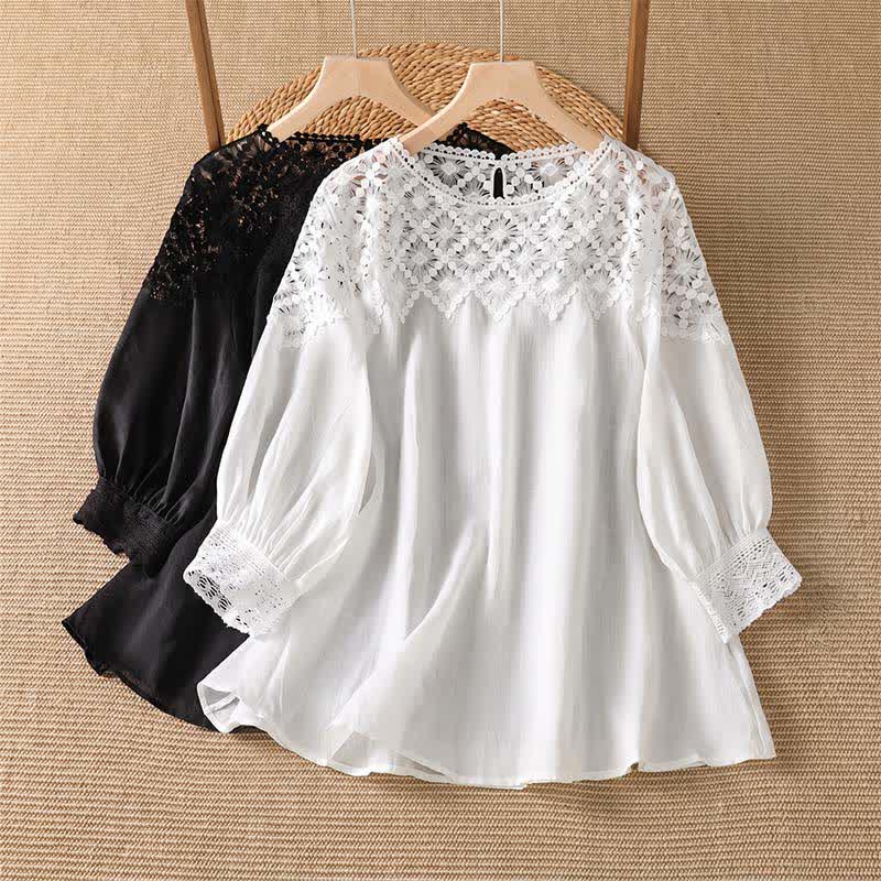 Buddha Stones T-shirt à manches longues pour femme, élégant et décontracté, en dentelle unie, idéal pour l'été - image 11