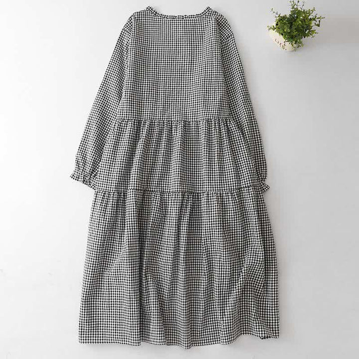 Buddha Stones Robe longue à carreaux vintage à volants pour femme, avec poche, idéale pour le printemps et l'automne. - image 1