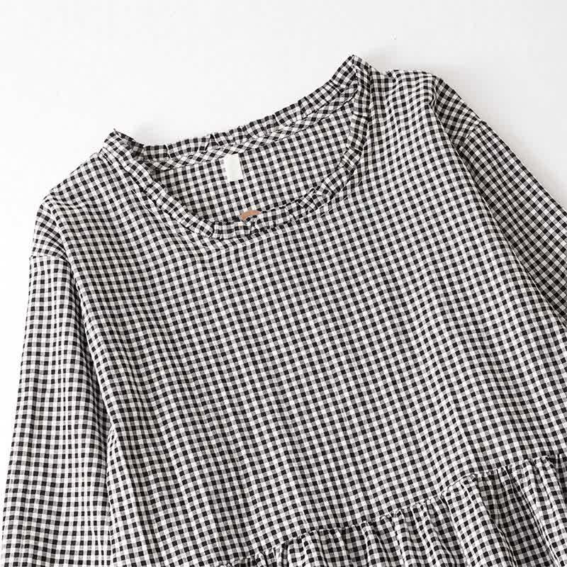 Buddha Stones Robe longue à carreaux vintage à volants pour femme, avec poche, idéale pour le printemps et l'automne. - image 2