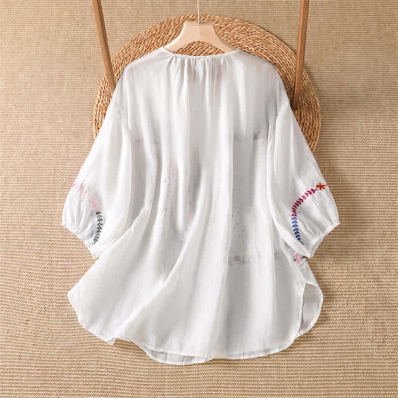 Buddha Stones Chemises à manches courtes pour femmes, style bohème printemps-été, broderies florales - image 1
