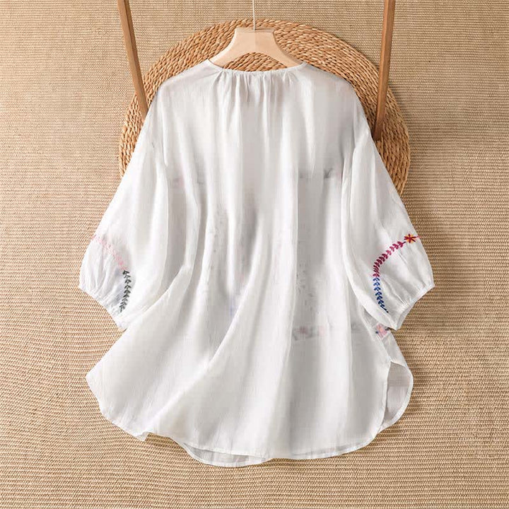 Buddha Stones Chemises à manches courtes pour femmes, style bohème printemps-été, broderies florales - image 1