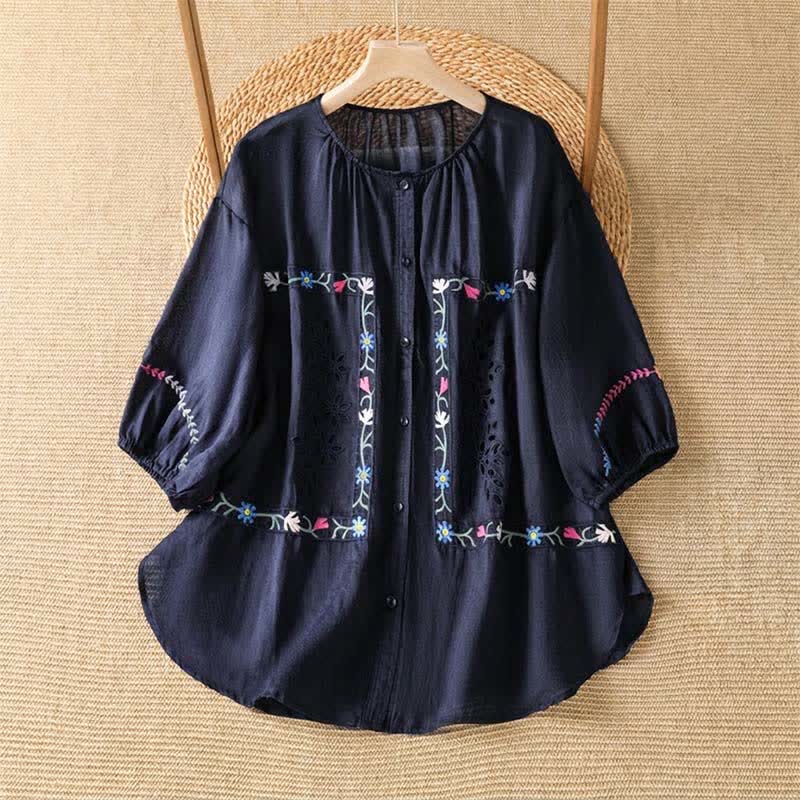 Buddha Stones Chemises à manches courtes pour femmes, style bohème printemps-été, broderies florales - Bleu nuit - US12, UK/AU16, EU44 (2XL) - image 7