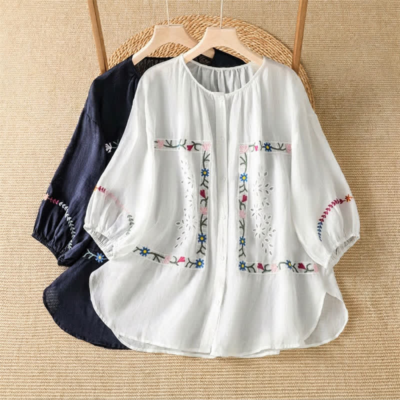 Buddha Stones Chemises à manches courtes pour femmes, style bohème printemps-été, broderies florales - image 9