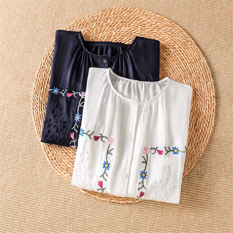 Buddha Stones Chemises à manches courtes pour femmes, style bohème printemps-été, broderies florales - image 10
