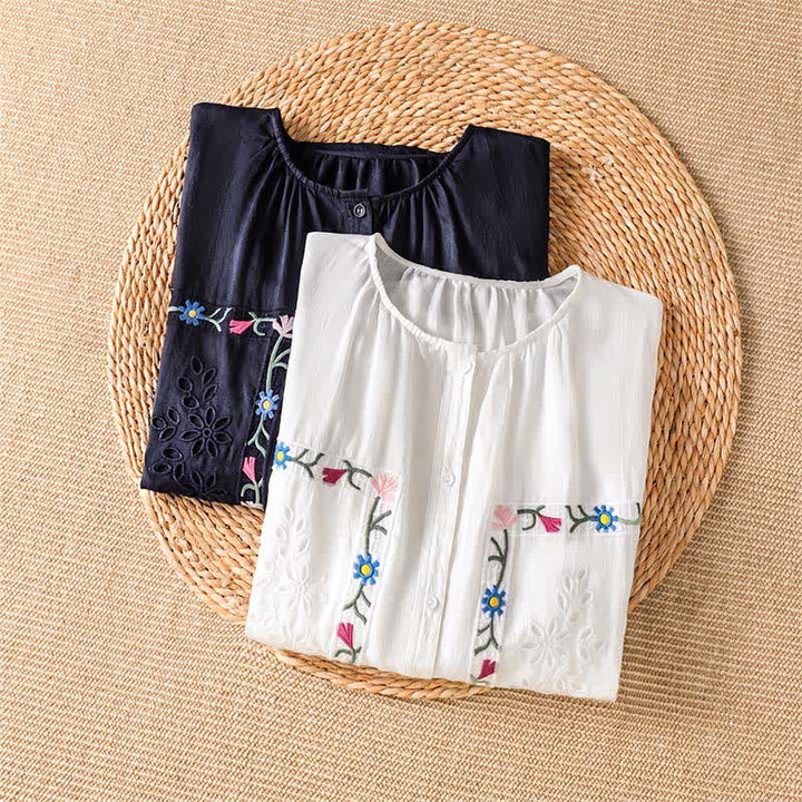 Buddha Stones Chemises à manches courtes pour femmes, style bohème printemps-été, broderies florales - image 10