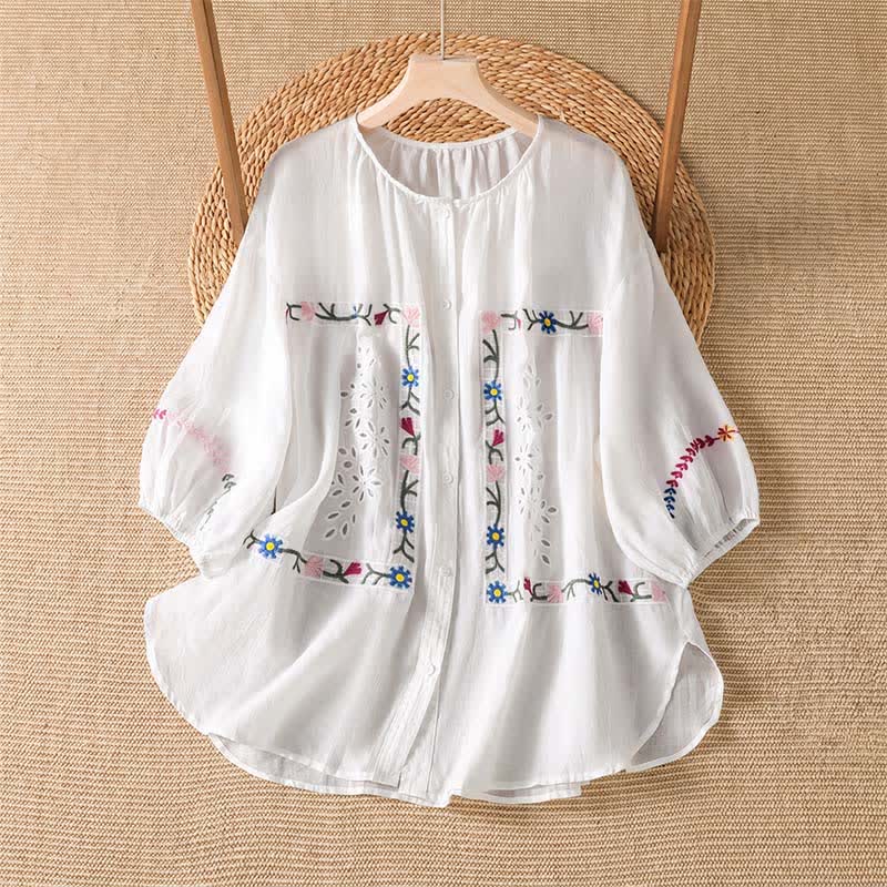 Buddha Stones Chemises à manches courtes pour femmes, style bohème printemps-été, broderies florales - Blanc - US12, UK/AU16, EU44 (2XL) - image 0