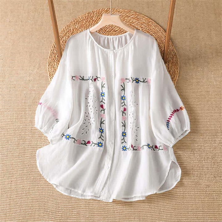 Buddha Stones Chemises à manches courtes pour femmes, style bohème printemps-été, broderies florales - Blanc - US12, UK/AU16, EU44 (2XL) - image 0