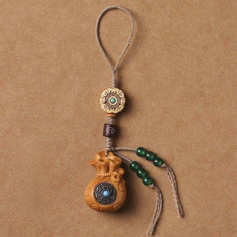 Buddha Stones Porte-clés Sérénité en bois de santal rouge et vert, symbole de bénédiction Om Mani Padme Hum, avec pièces de monnaie chinoises. - Bois de santal - Décoration suspendue pour téléphone - image 17
