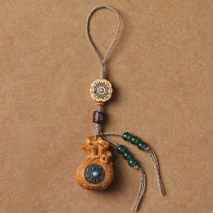 Buddha Stones Porte-clés Sérénité en bois de santal rouge et vert, symbole de bénédiction Om Mani Padme Hum, avec pièces de monnaie chinoises. - Bois de santal - Décoration suspendue pour téléphone - image 17