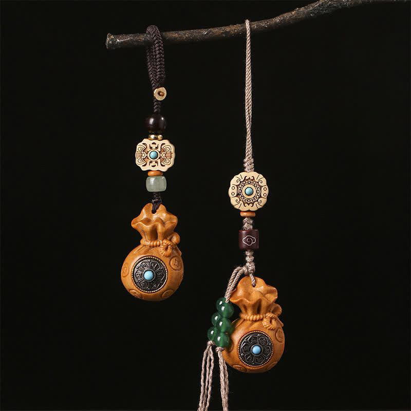 Buddha Stones Porte-clés Sérénité en bois de santal rouge et vert, symbole de bénédiction Om Mani Padme Hum, avec pièces de monnaie chinoises. - image 21