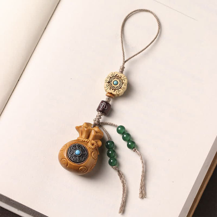 Buddha Stones Porte-clés Sérénité en bois de santal rouge et vert, symbole de bénédiction Om Mani Padme Hum, avec pièces de monnaie chinoises. - image 18