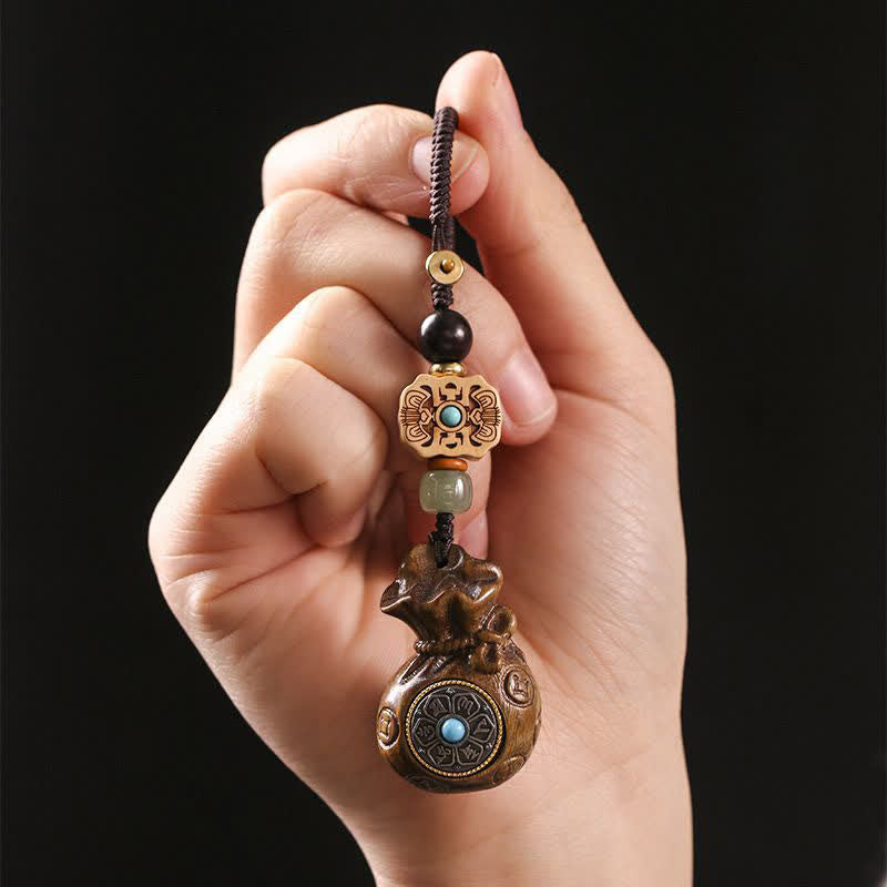 Buddha Stones Porte-clés Sérénité en bois de santal rouge et vert, symbole de bénédiction Om Mani Padme Hum, avec pièces de monnaie chinoises. - image 5