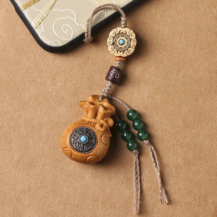 Buddha Stones Porte-clés Sérénité en bois de santal rouge et vert, symbole de bénédiction Om Mani Padme Hum, avec pièces de monnaie chinoises. - image 19