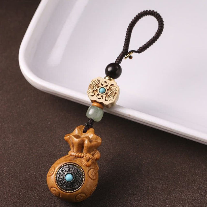 Buddha Stones Porte-clés Sérénité en bois de santal rouge et vert, symbole de bénédiction Om Mani Padme Hum, avec pièces de monnaie chinoises. - image 13