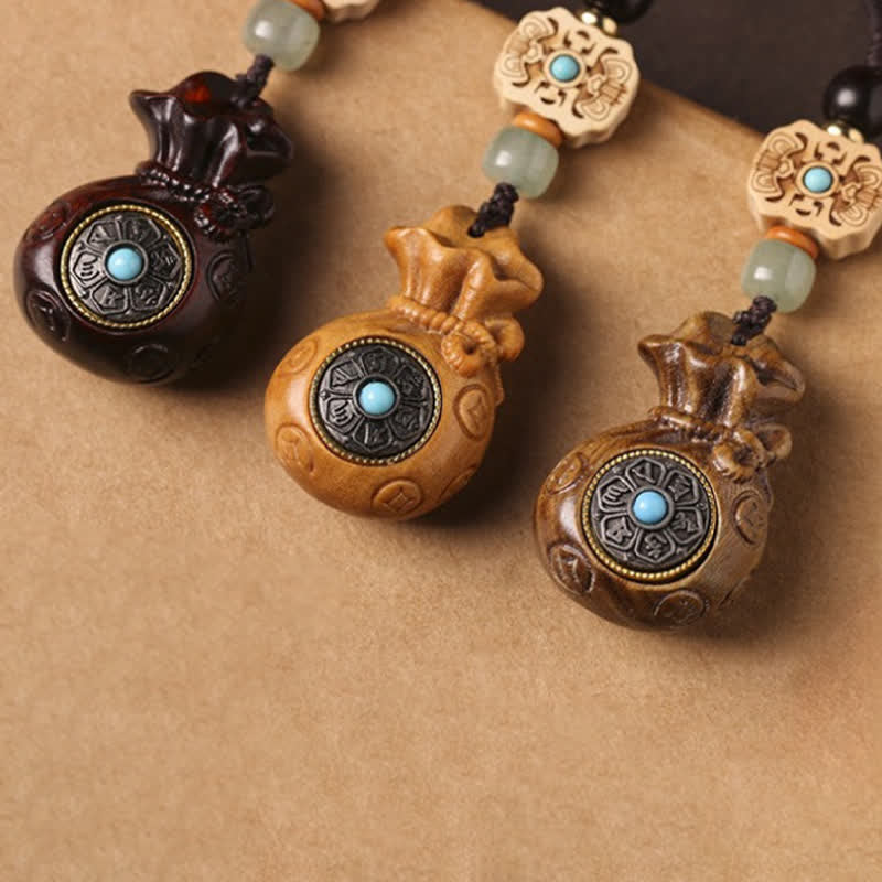 Buddha Stones Porte-clés Sérénité en bois de santal rouge et vert, symbole de bénédiction Om Mani Padme Hum, avec pièces de monnaie chinoises. - image 22