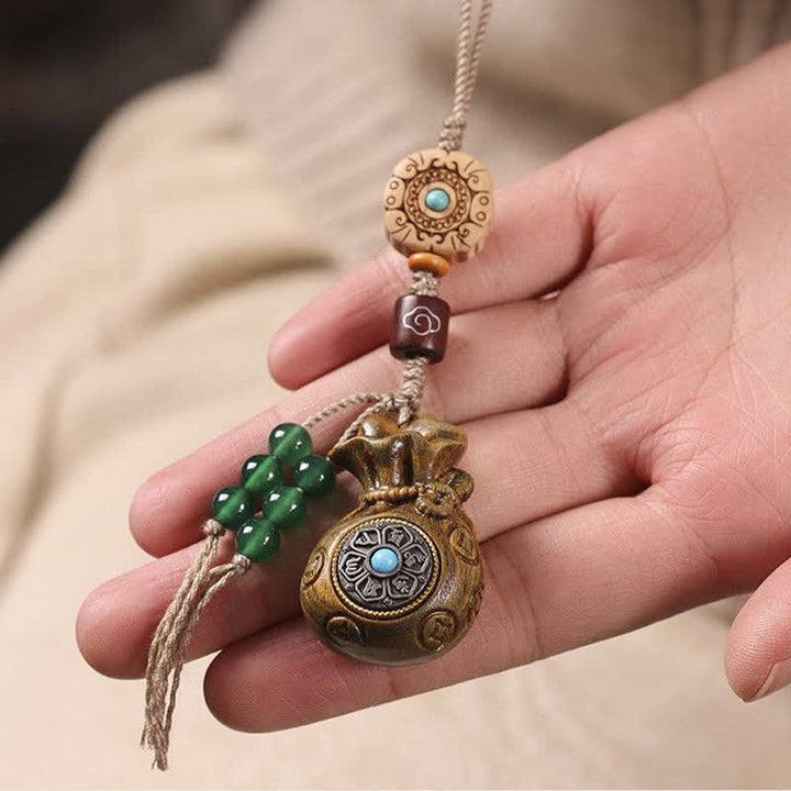 Buddha Stones Porte-clés Sérénité en bois de santal rouge et vert, symbole de bénédiction Om Mani Padme Hum, avec pièces de monnaie chinoises. - image 10