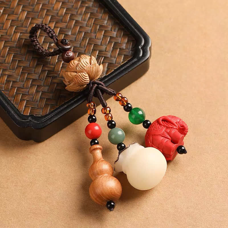 Buddha Stones Porte-clés porte-monnaie en bois de pêcher, personnage Fu, sac à argent, porte-clés éléphant en cinabre et calebasse de lotus - Cinabre (Protection ♥ Vitalité) - image 12