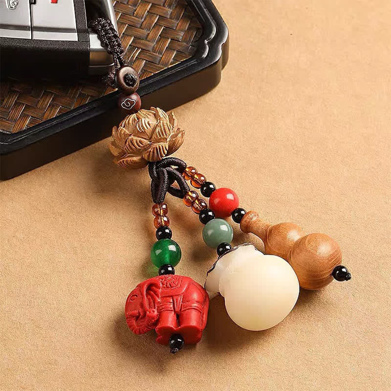 Buddha Stones Porte-clés porte-monnaie en bois de pêcher, personnage Fu, sac à argent, porte-clés éléphant en cinabre et calebasse de lotus - image 15