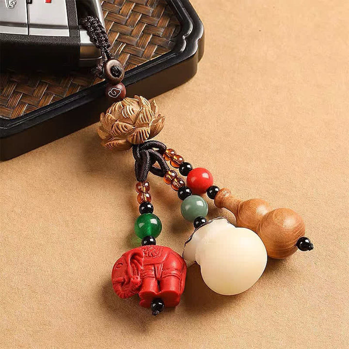 Buddha Stones Porte-clés porte-monnaie en bois de pêcher, personnage Fu, sac à argent, porte-clés éléphant en cinabre et calebasse de lotus - image 15