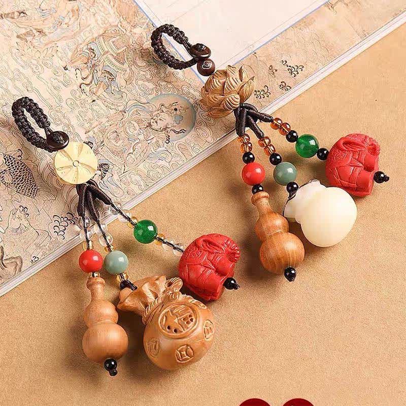 Buddha Stones Porte-clés porte-monnaie en bois de pêcher, personnage Fu, sac à argent, porte-clés éléphant en cinabre et calebasse de lotus - image 23