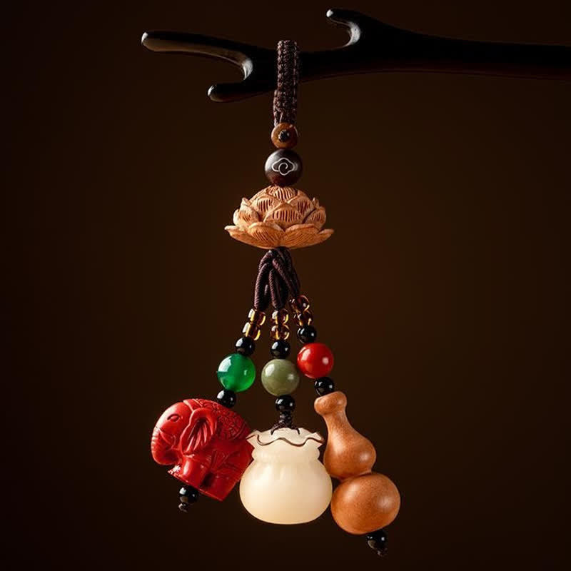 Buddha Stones Porte-clés porte-monnaie en bois de pêcher, personnage Fu, sac à argent, porte-clés éléphant en cinabre et calebasse de lotus - image 13