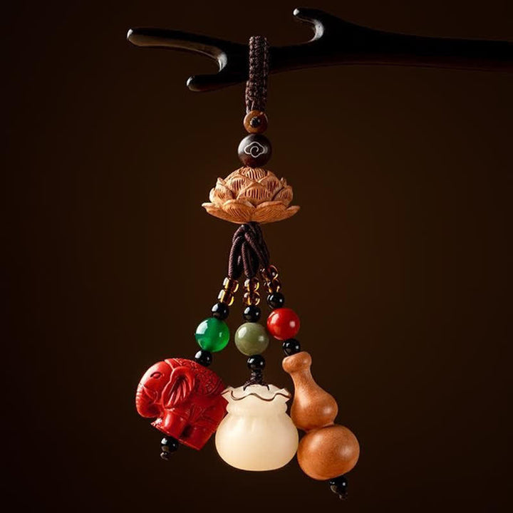 Buddha Stones Porte-clés porte-monnaie en bois de pêcher, personnage Fu, sac à argent, porte-clés éléphant en cinabre et calebasse de lotus - image 13