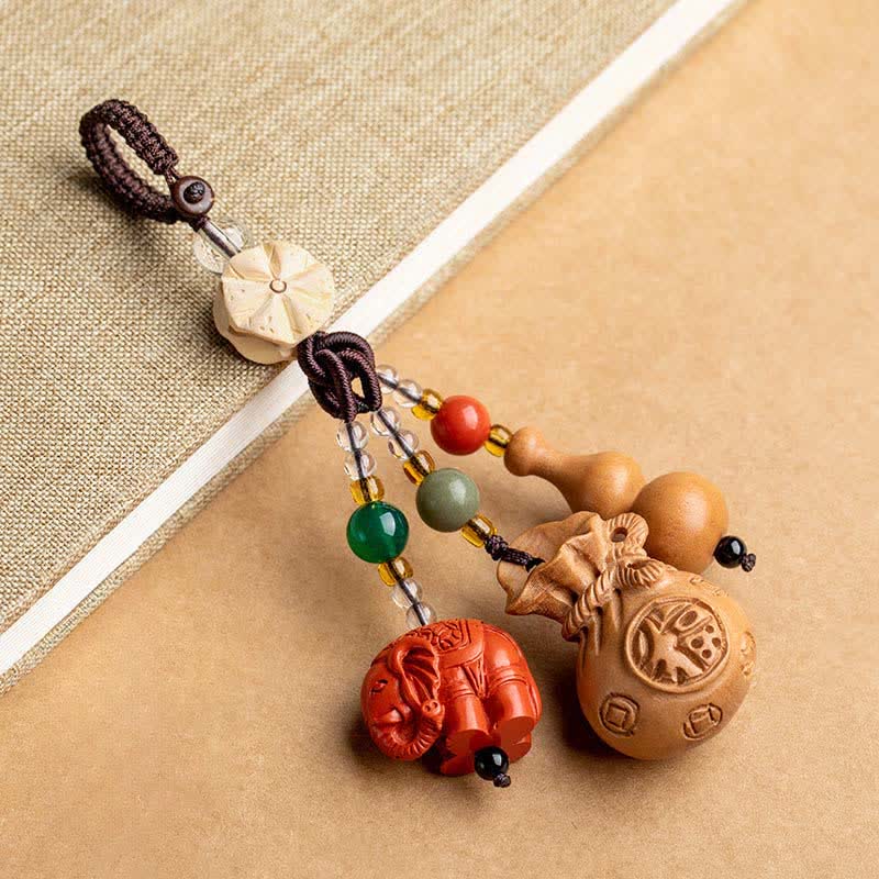 Buddha Stones Porte-clés porte-monnaie en bois de pêcher, personnage Fu, sac à argent, porte-clés éléphant en cinabre et calebasse de lotus - Bois de pêcher (Protection ♥ Purification) - image 0