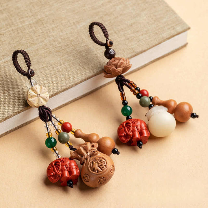 Buddha Stones Porte-clés porte-monnaie en bois de pêcher, personnage Fu, sac à argent, porte-clés éléphant en cinabre et calebasse de lotus - image 25