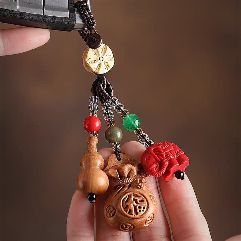 Buddha Stones Porte-clés porte-monnaie en bois de pêcher, personnage Fu, sac à argent, porte-clés éléphant en cinabre et calebasse de lotus - image 2