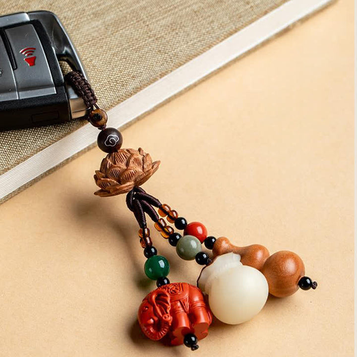 Buddha Stones Porte-clés porte-monnaie en bois de pêcher, personnage Fu, sac à argent, porte-clés éléphant en cinabre et calebasse de lotus - image 16