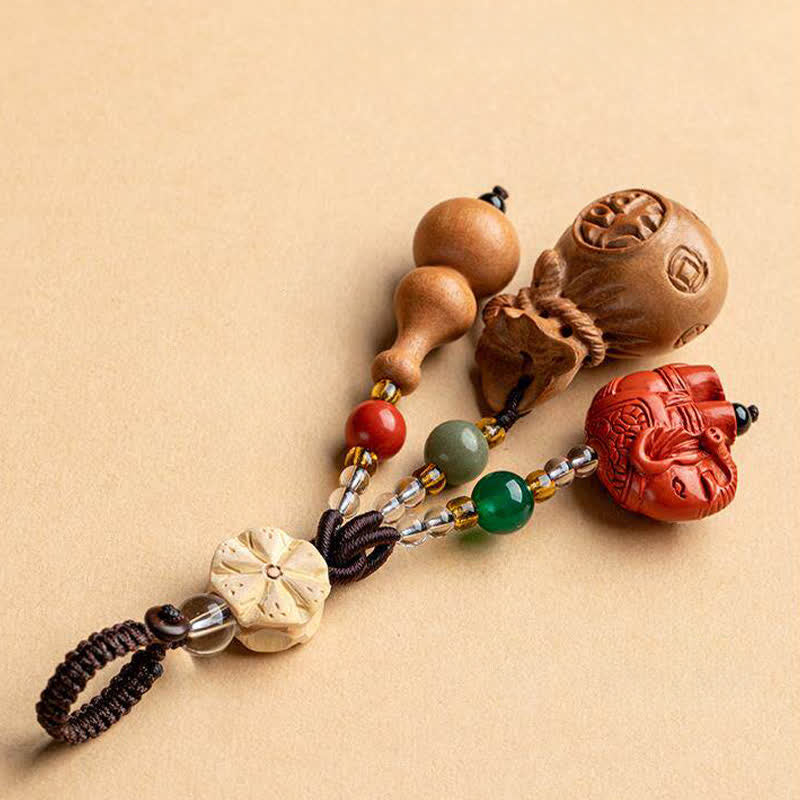 Buddha Stones Porte-clés porte-monnaie en bois de pêcher, personnage Fu, sac à argent, porte-clés éléphant en cinabre et calebasse de lotus - image 3