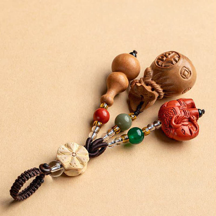 Buddha Stones Porte-clés porte-monnaie en bois de pêcher, personnage Fu, sac à argent, porte-clés éléphant en cinabre et calebasse de lotus - image 3