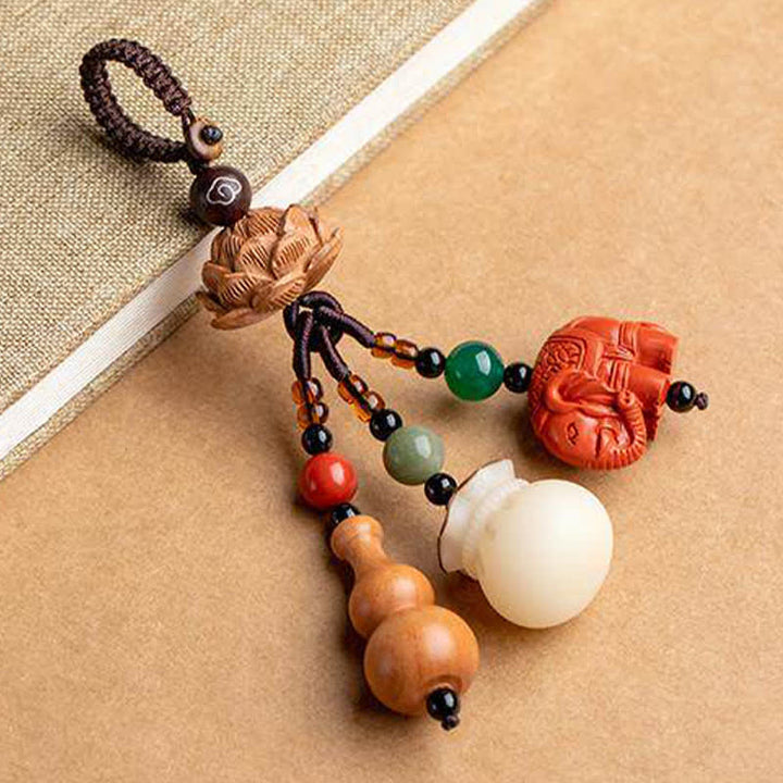 Buddha Stones Porte-clés porte-monnaie en bois de pêcher, personnage Fu, sac à argent, porte-clés éléphant en cinabre et calebasse de lotus - image 20