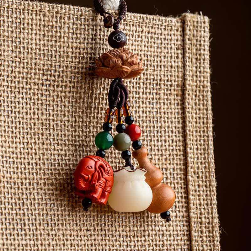 Buddha Stones Porte-clés porte-monnaie en bois de pêcher, personnage Fu, sac à argent, porte-clés éléphant en cinabre et calebasse de lotus - image 18
