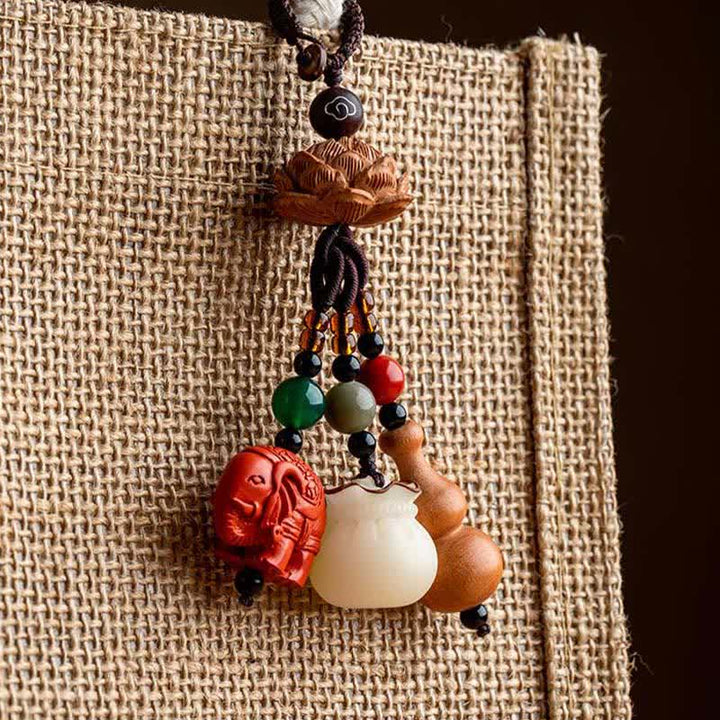 Buddha Stones Porte-clés porte-monnaie en bois de pêcher, personnage Fu, sac à argent, porte-clés éléphant en cinabre et calebasse de lotus - image 18