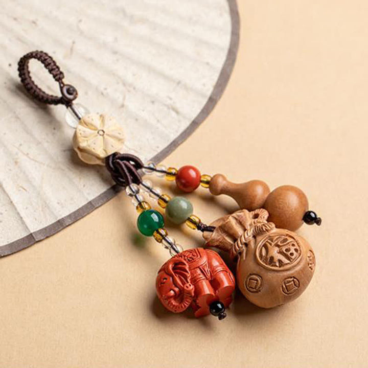 Buddha Stones Porte-clés porte-monnaie en bois de pêcher, personnage Fu, sac à argent, porte-clés éléphant en cinabre et calebasse de lotus - image 19